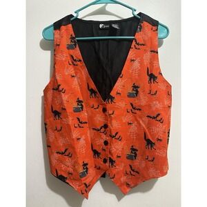 Vintage 90s Halloween Vest Holiday Editions Witch Black Cat Spider Web Bat Fire